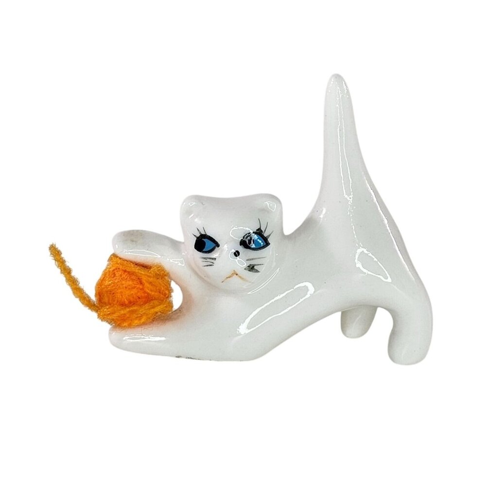 Vintage Bone China Ceramic Cat Figurine Playing With Yarn White Orange
